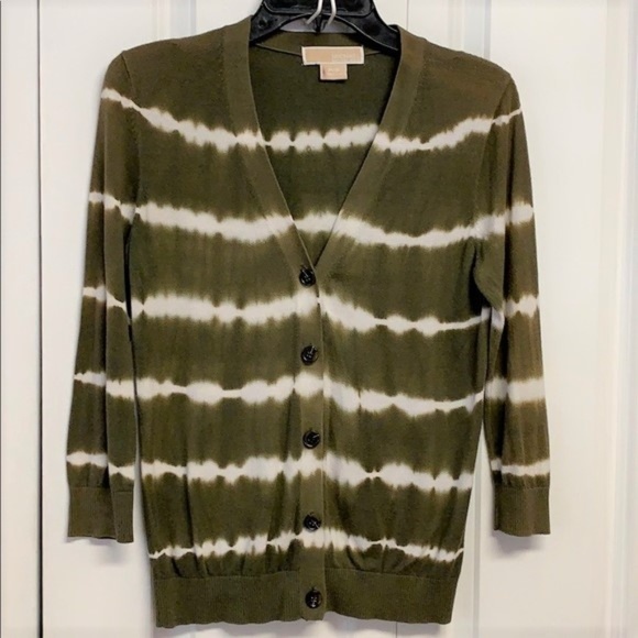 Michael Kors Dark Olive Green White Tie Dye Print Mid Sleeve Knit Top Size PS - Picture 1 of 6